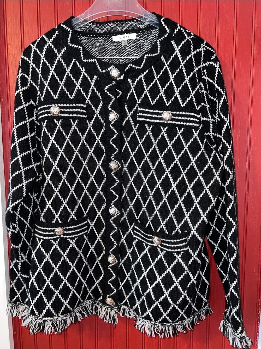 Sioni Black & White Diamond-Pattern Fringe Cardigan XL